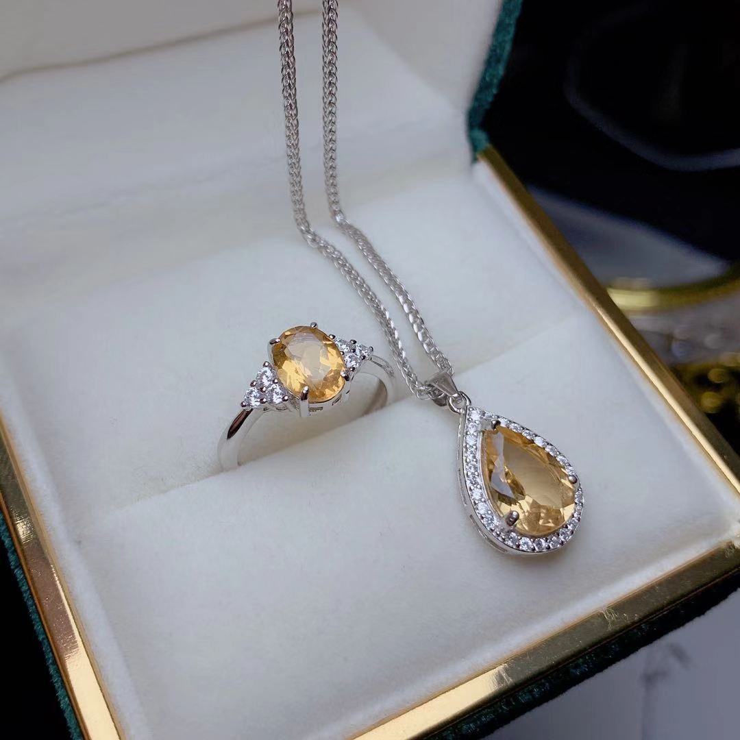 Natural Citrine Set 925 Silver Inlaid Rings Pendants Two-piece Set Fashion Colored Gems Ornament