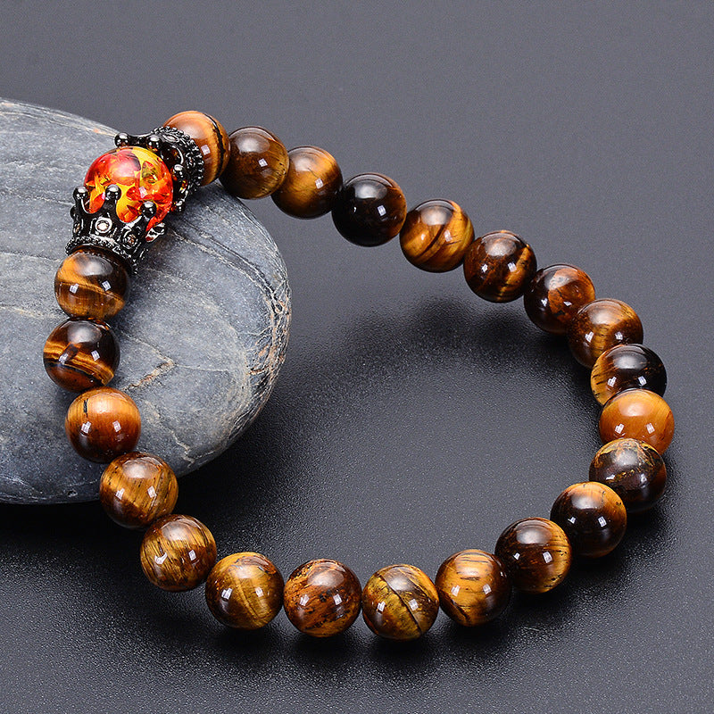 Tigereye Vintage Alloy Crown Bracelet Men And Women Beaded Bracelet