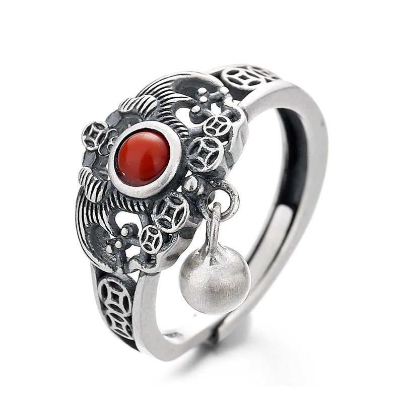 Copper Coin Southern Red Agate Ring Women's Hollow Pattern Water Drop Adjustabl