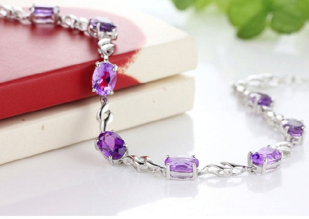 Simple Silver Plated Amethyst Women Bracelet