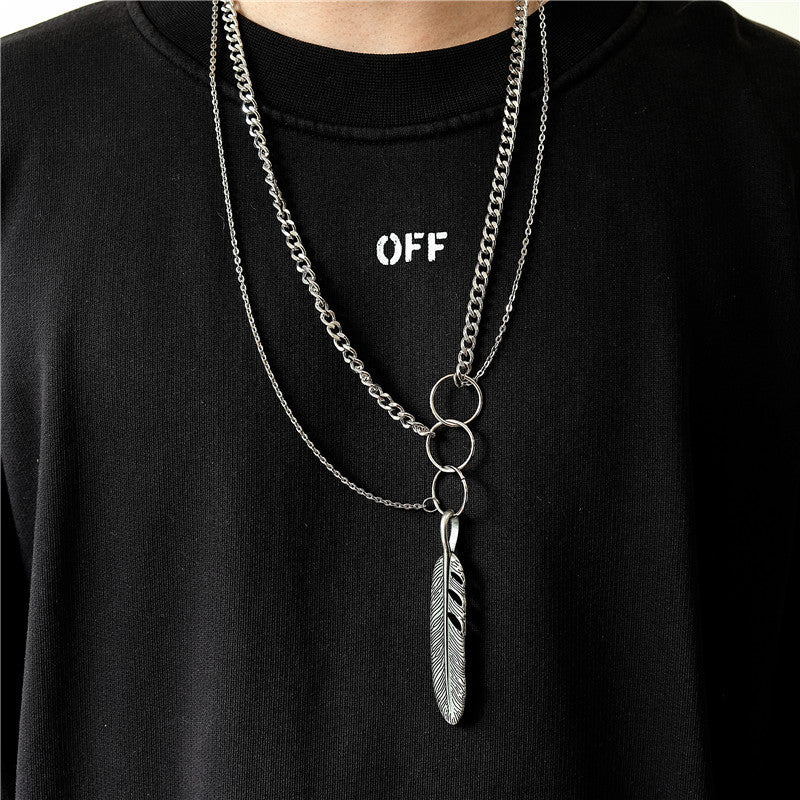 Hip-hop feather multi-layer men necklace