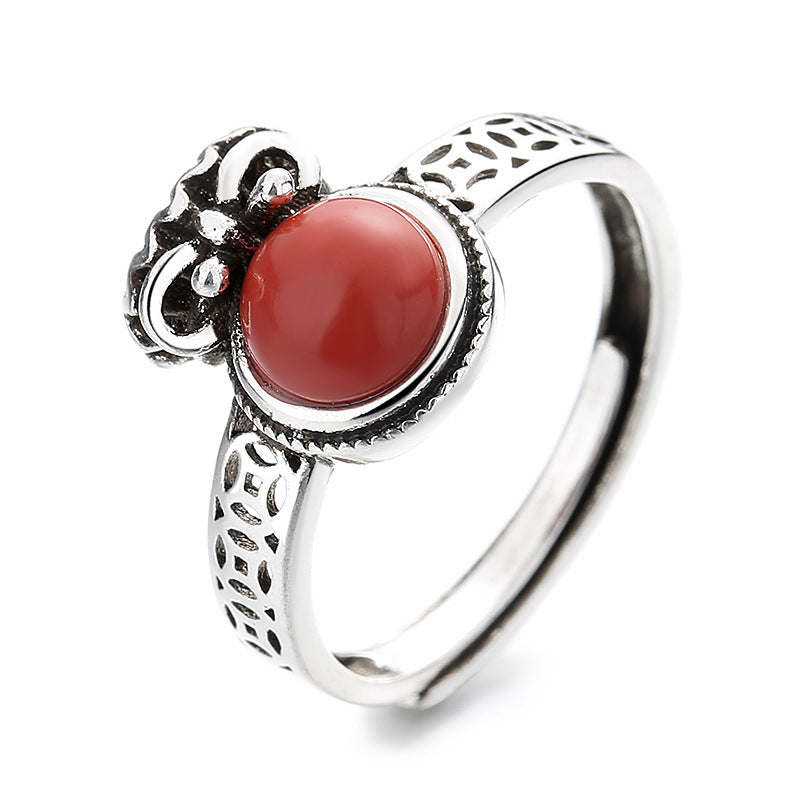 Vintage Thai Silver Copper Coin Southern Red Agate Purse Ring For Women