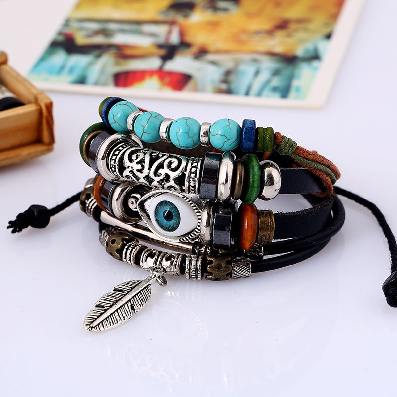 Ethnic style alloy feather Evil Eye leather turquoise bracelet