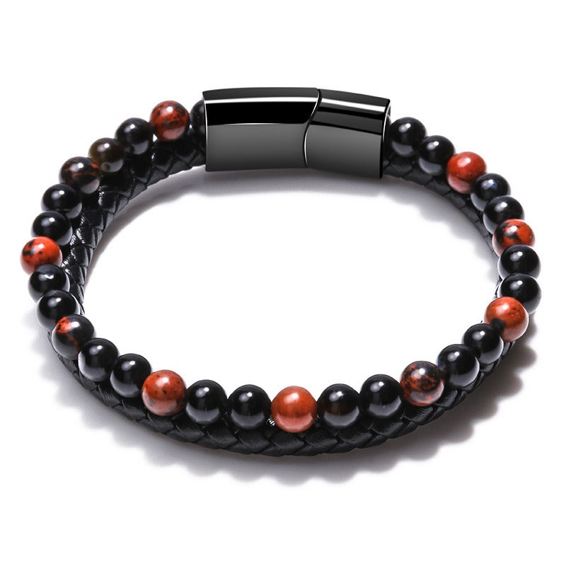 Volcanic Natural Stone Tiger Eye Beaded Bracelet Male Cowhide Rope Agate Bracelet Hand String Handwear