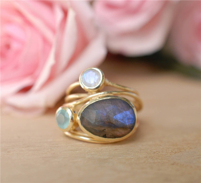 24k Yellow Gold Plated And Inlaid Colorful Moonstone Shell Women Ring