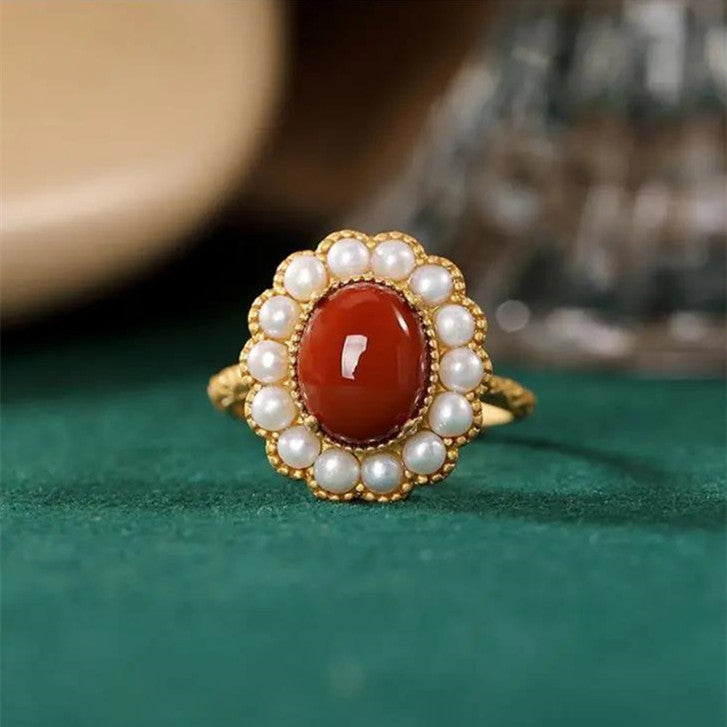 Women's Natural South Red Agate Pearl Ring Plated 925 Silver