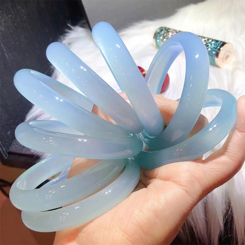 Ice Blue Chalcedony Bracelet Women's Thin Round Agate Chinese Style Jewelry Jade