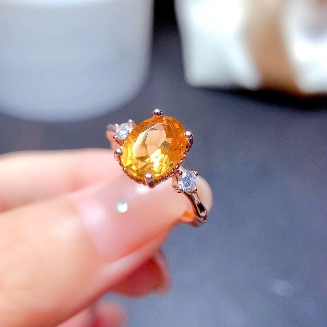 925 Silver Plated 18K Inlaid Natural Brazil Citrine Ring