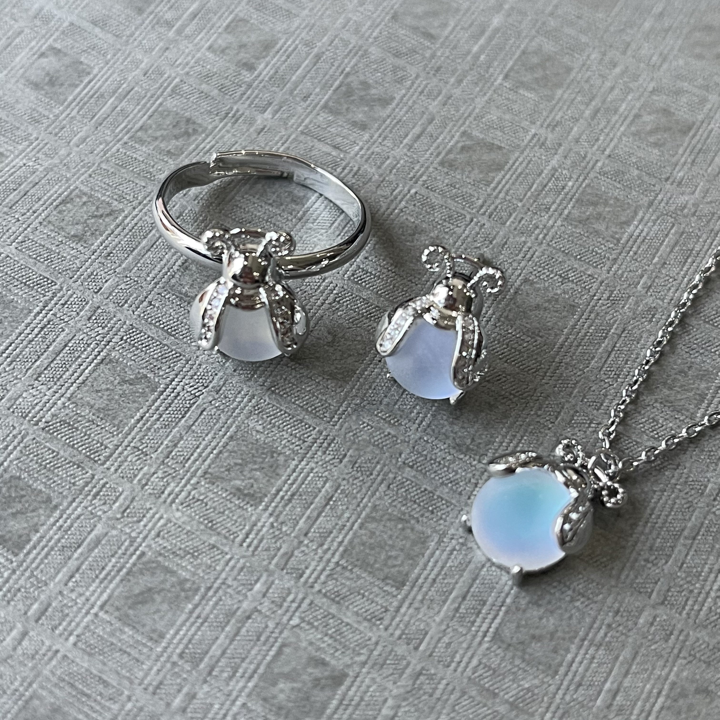 Glowworm Moonstone Necklace Earrings Ring For Women