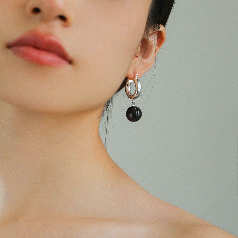 Black Agate Earrings Geometric Spherical Earrings