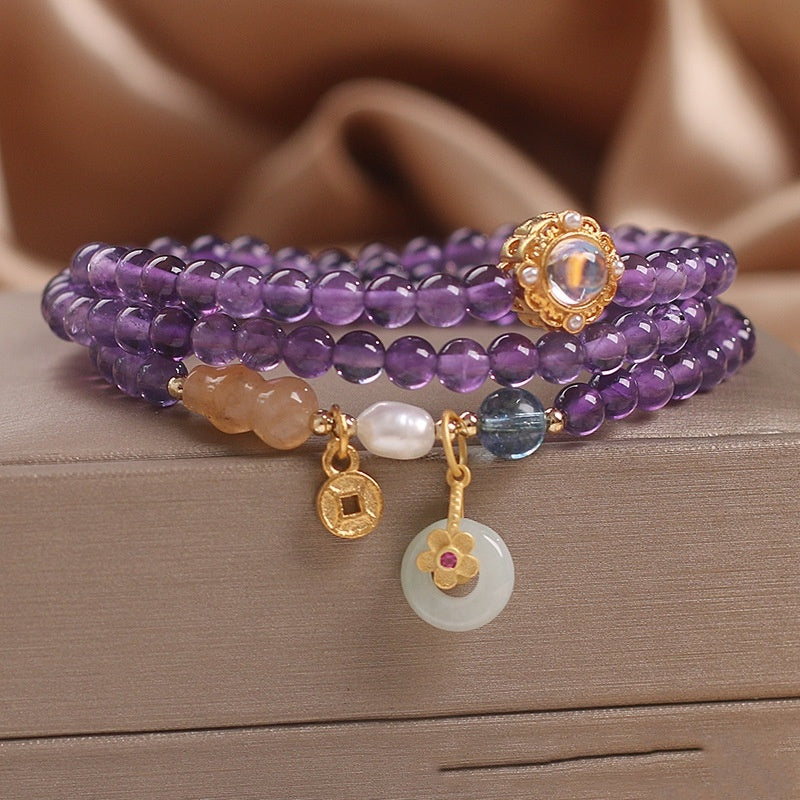 Natural Multi-circle Luck Money Amethyst Women Bracelet