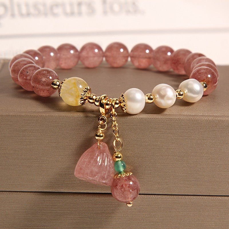 Natural Strawberry Quartz Lotus Seedpod Pendant Bracelet