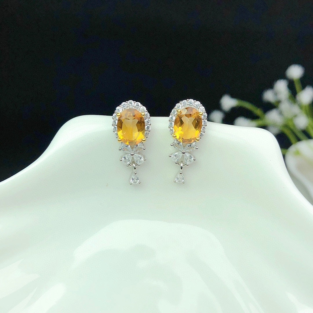 Natural Citrine Stud Earrings Women's Crystals Fully Purified