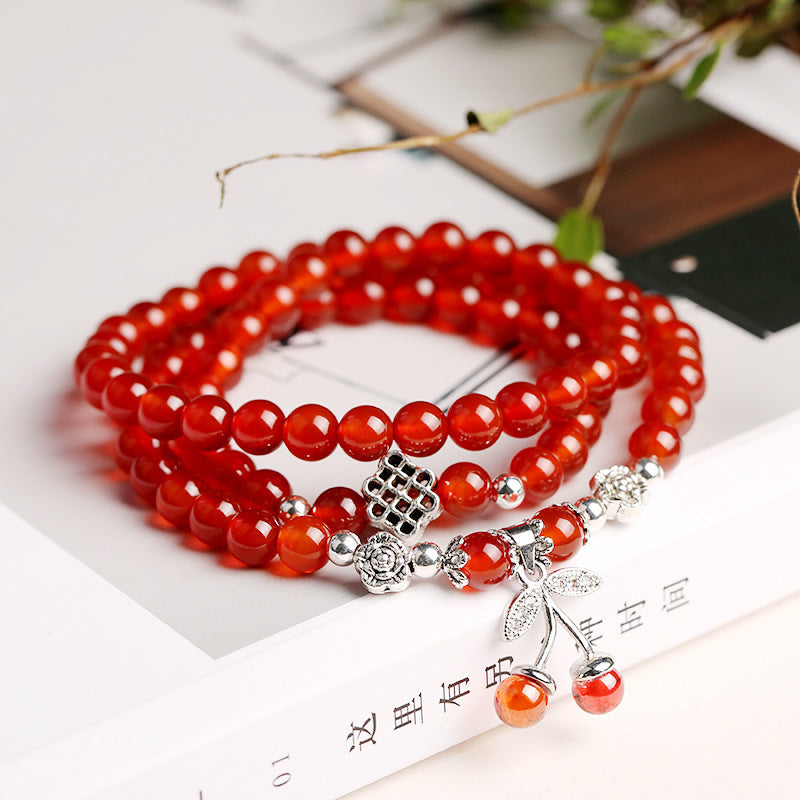 6mm Red Agate Bracelet 3 Circles Cherry Women Bracelet