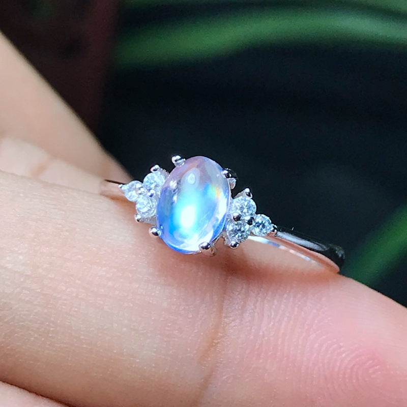 Inlaid Multi-carat Natural Blue Moonstone Women Ring Glass Quality