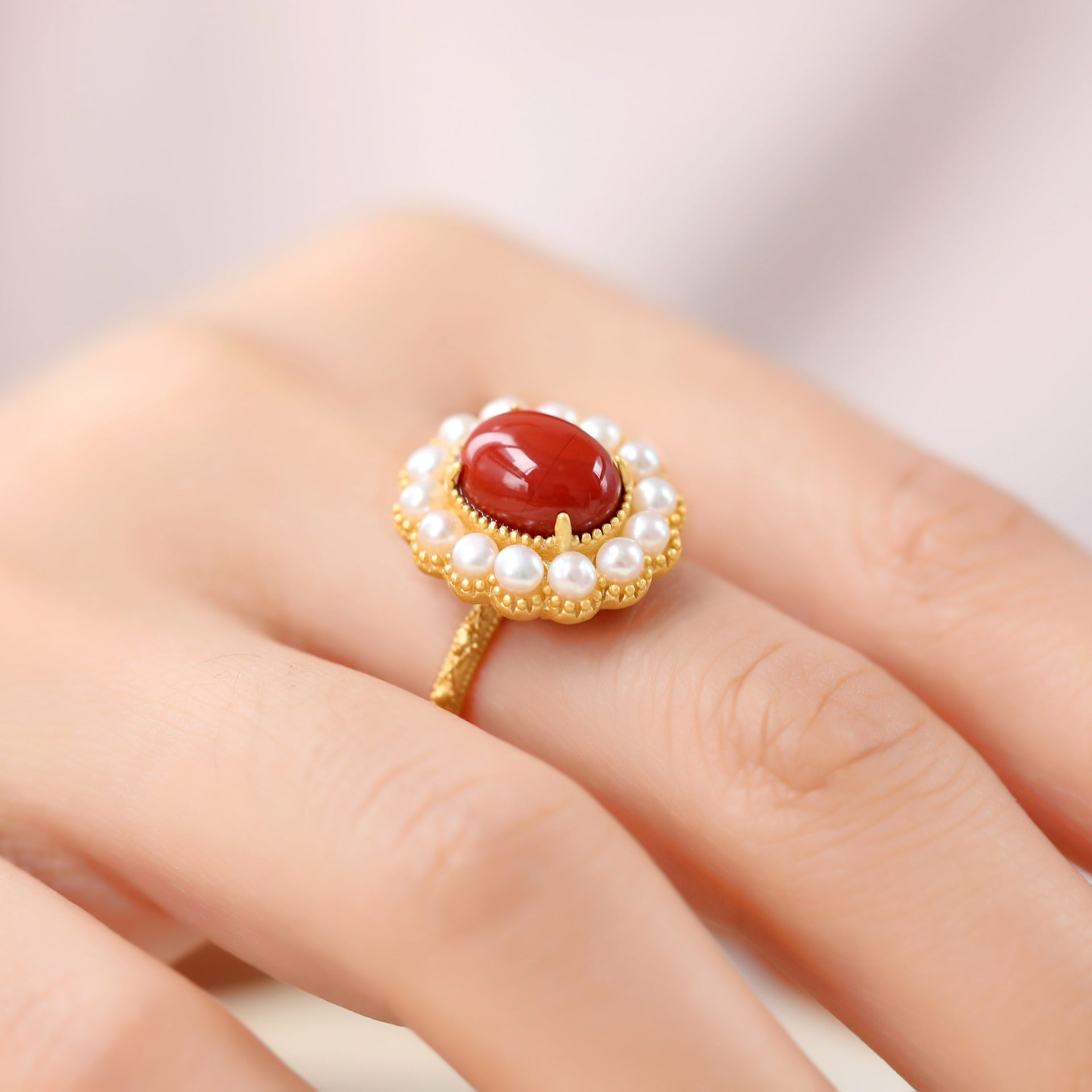 South Red Agate Pearl Embellished Embossed Women Ring