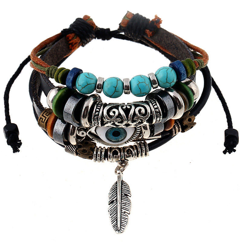 Ethnic style alloy feather Evil Eye leather turquoise bracelet