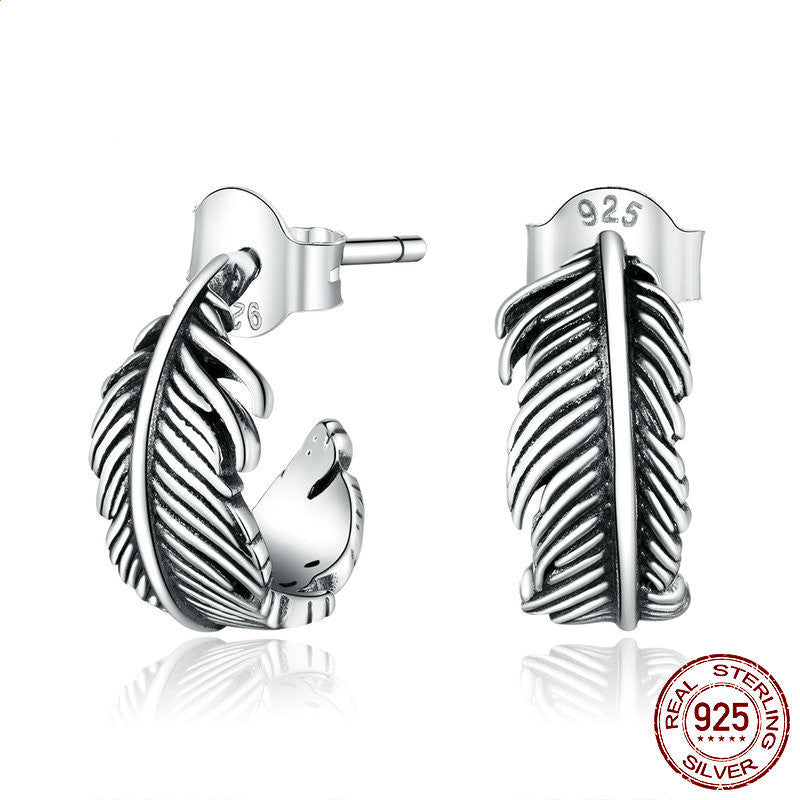 Simple line feather S925 silver women earrings