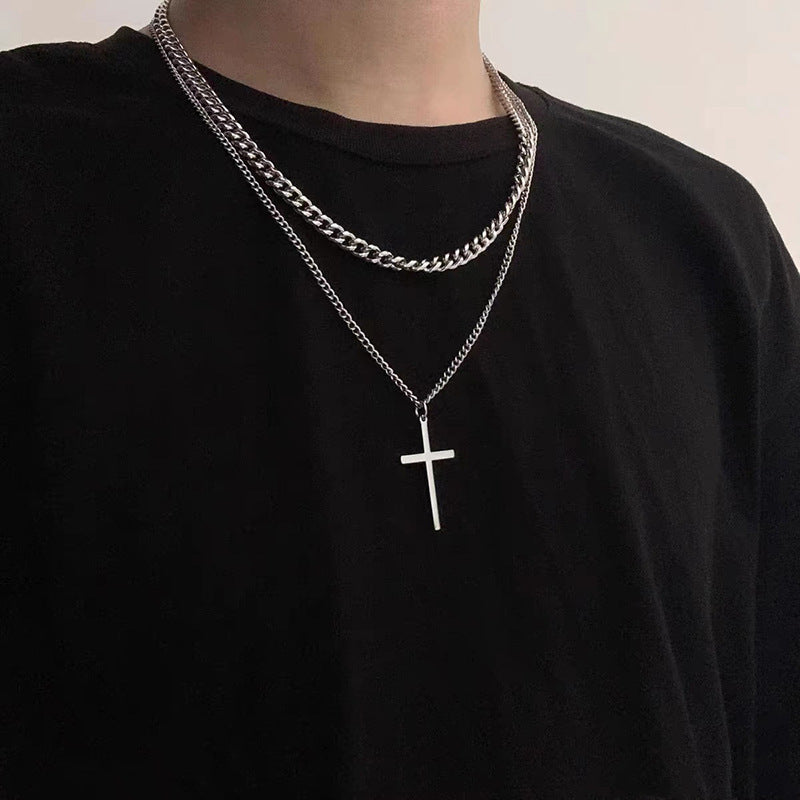 Titanium Steel Double Layer Cross Necklace Cuban Men