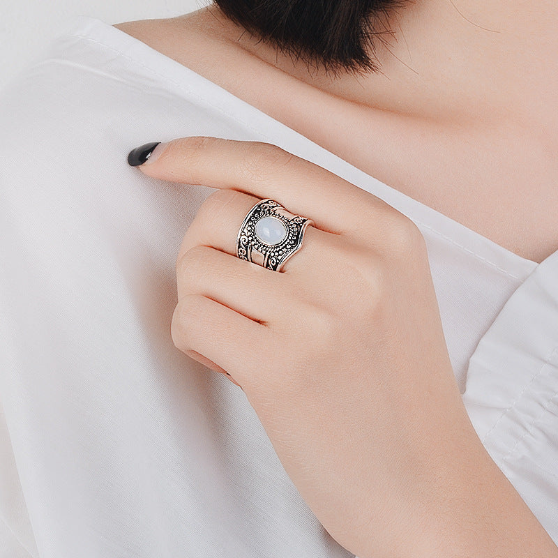 Women's Vintage Thai Silver Moonstone Black Onyx Ring