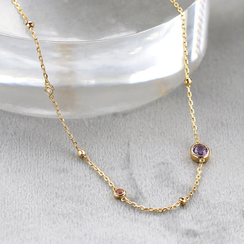 S925 Silver Amethyst Powder Tourmaline Women Necklace Simple Style