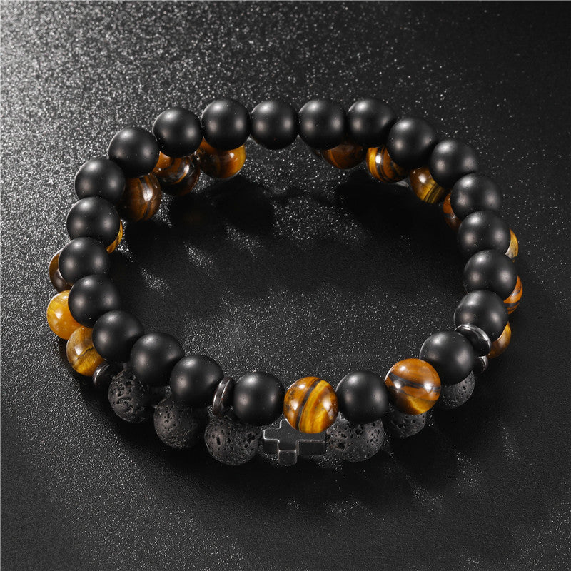 8mm Black Frosted Tigereye Cross Men Bracelet Set