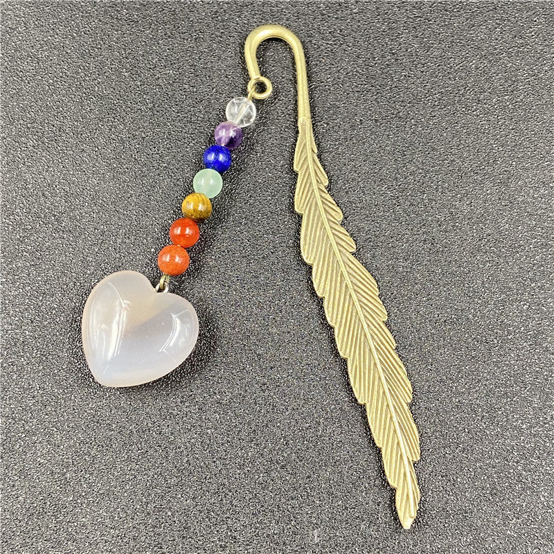 Seven Chakra Agate Heart Feather Bookmark