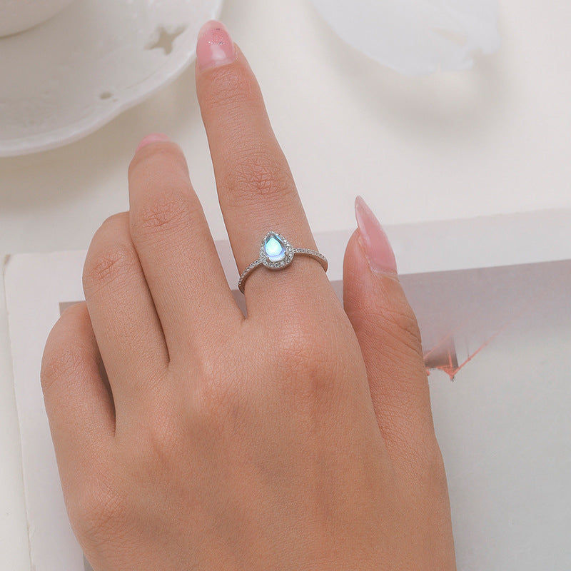 Sterling Silver drop shape Inlaid Moonstone Women Ring