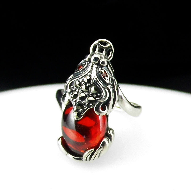 S925 Thai Silver Jewelry Red Pomegranate Agate Brave Personality Women Ring