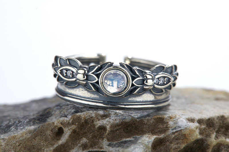 Natural Moonstone S925 Sterling Silver Retro Women Ring