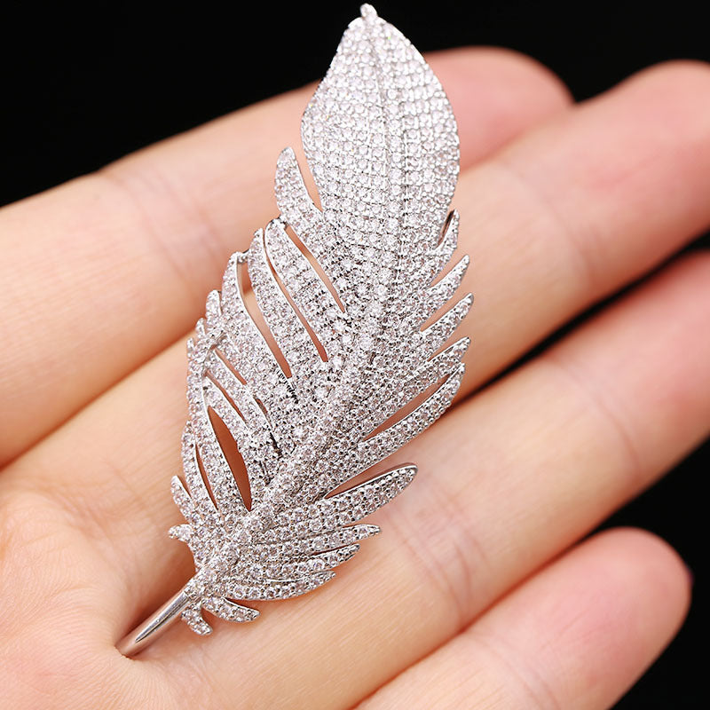 Micro-inlaid zircon feather brooch