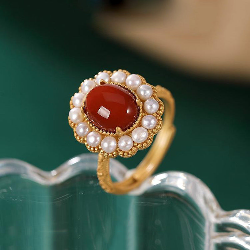 Women's Natural South Red Agate Pearl Ring Plated 925 Silver