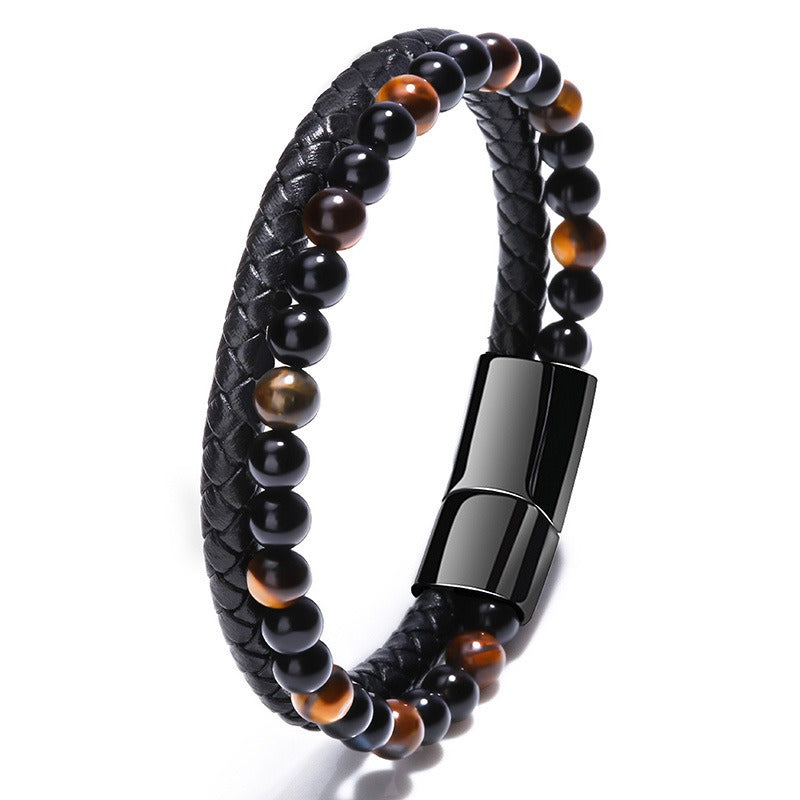 Volcanic Natural Stone Tiger Eye Beaded Bracelet Male Cowhide Rope Agate Bracelet Hand String Handwear