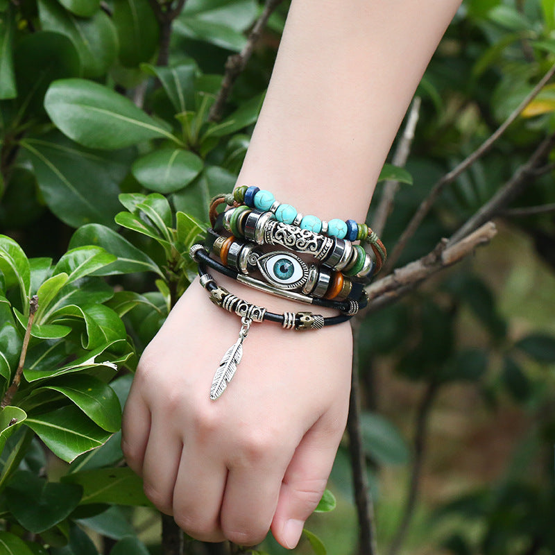 Ethnic style alloy feather Evil Eye leather turquoise bracelet