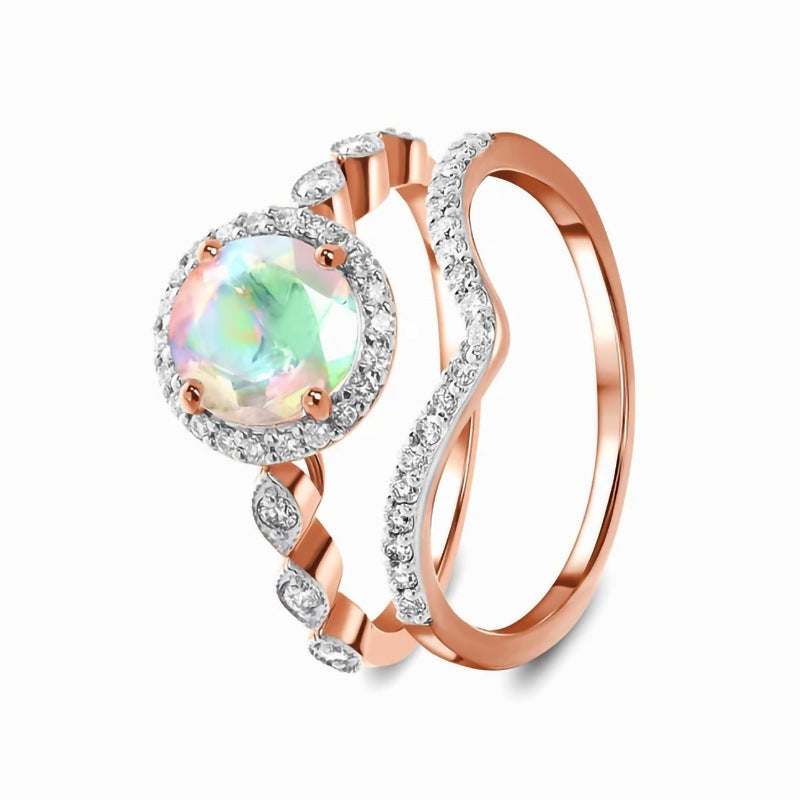 Round Moonstone Rose Gold Wave Women Ring