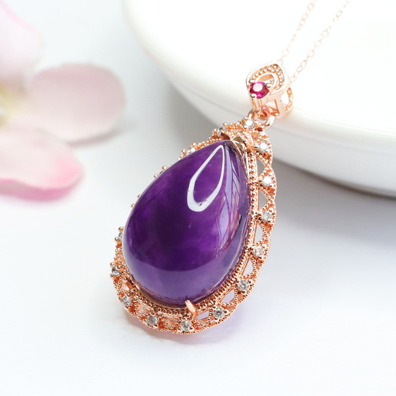 Women's Fashion Natural Amethyst Water Drop Pendant Necklace