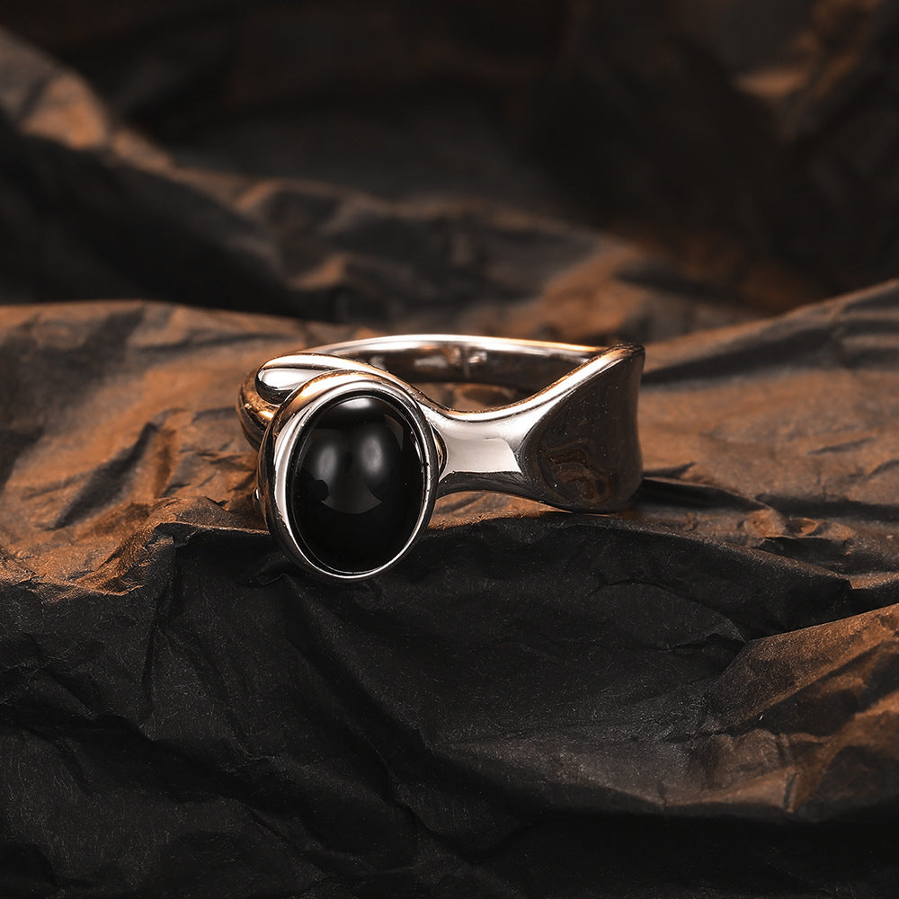 S925 Natural Black Agate Women Ring