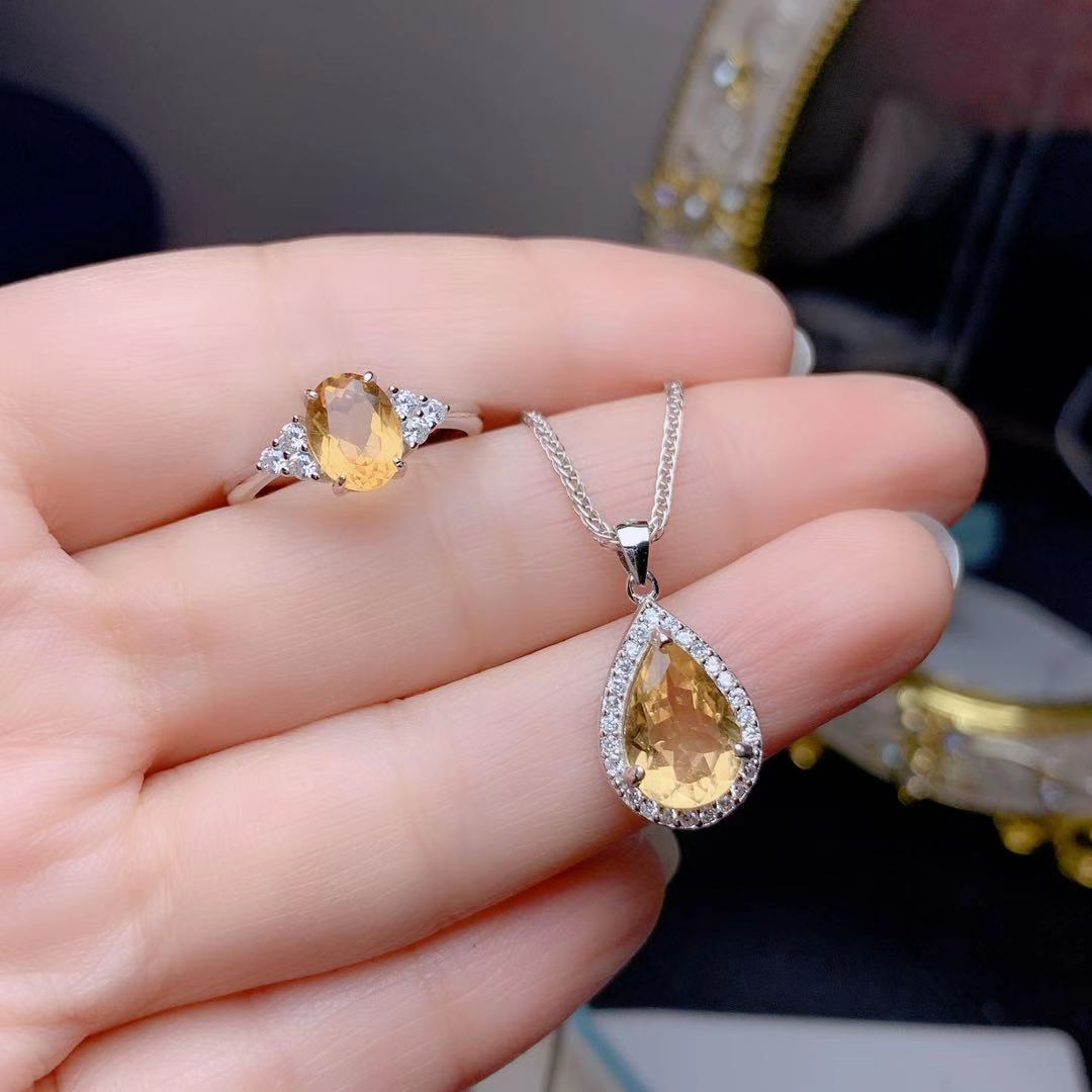 Natural Citrine Set 925 Silver Inlaid Rings Pendants Two-piece Set Fashion Colored Gems Ornament