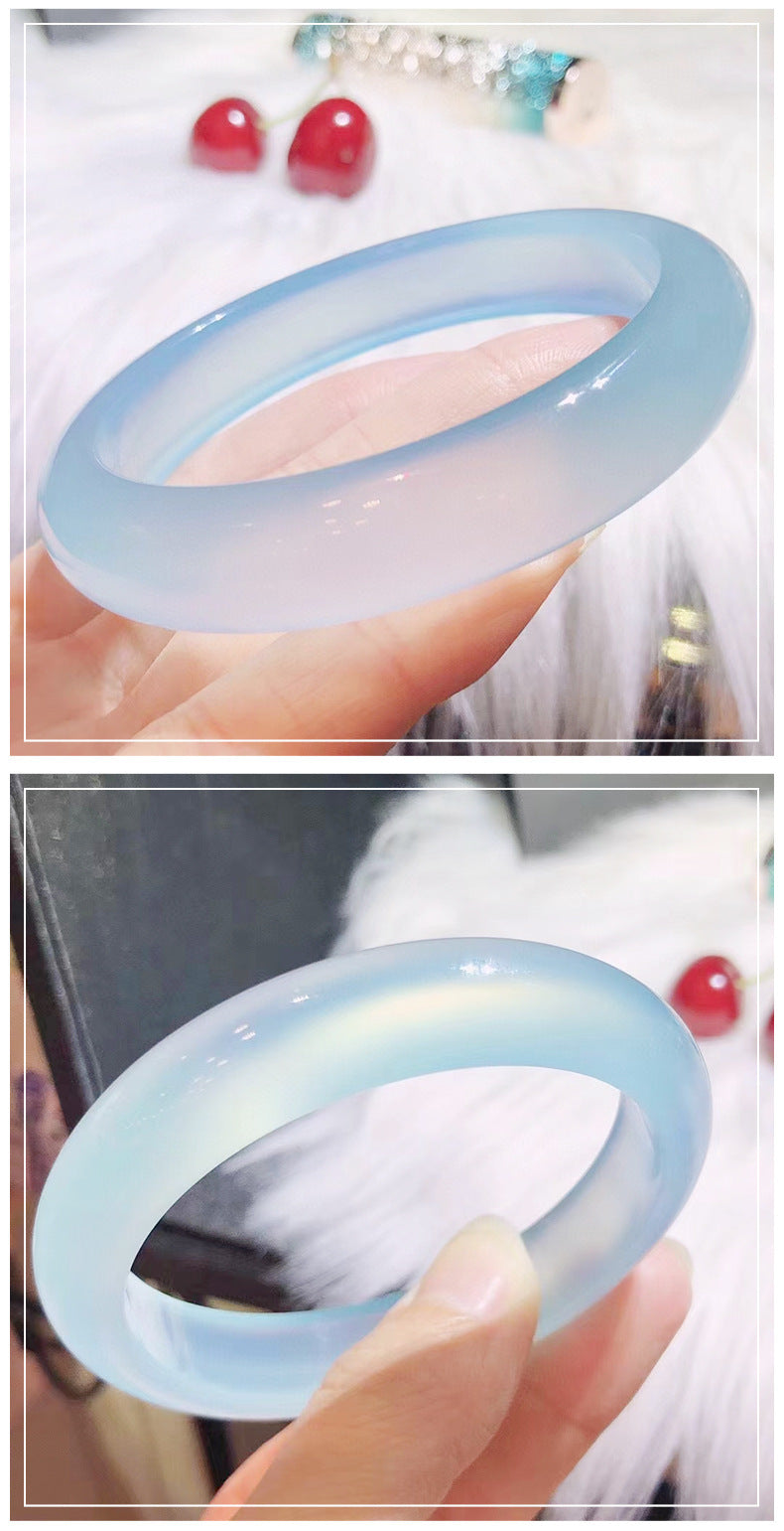 Ice Blue Chalcedony Bracelet Women's Thin Round Agate Chinese Style Jewelry Jade