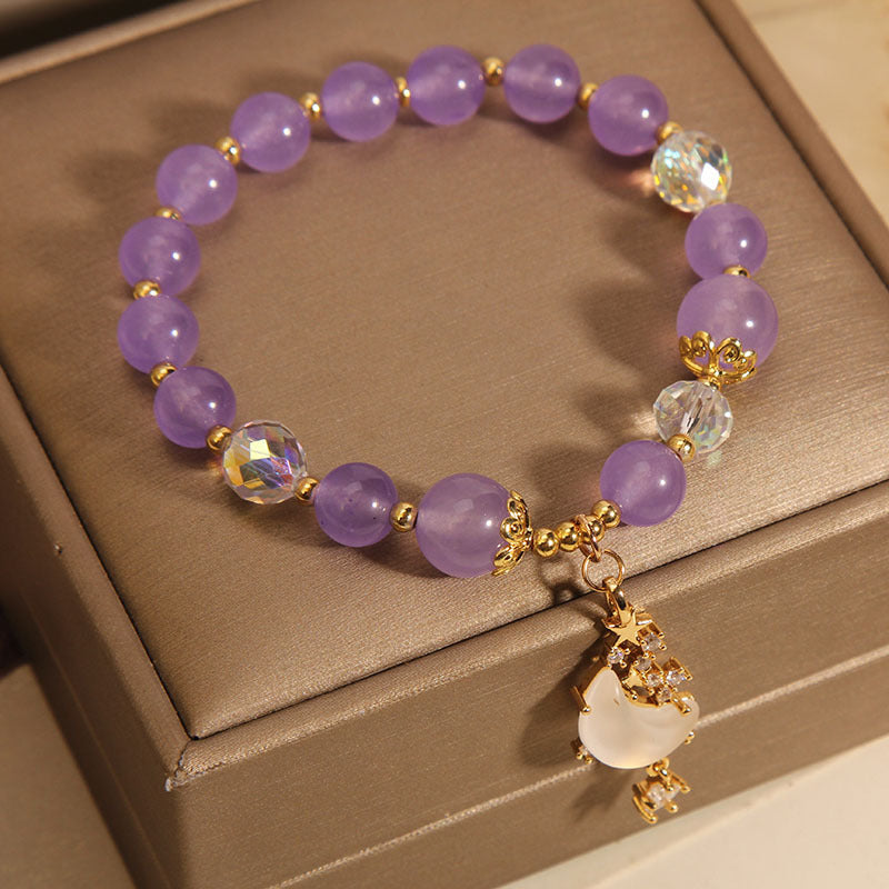 Chinese Style Amethyst Beaded Moon Bracelet For Women