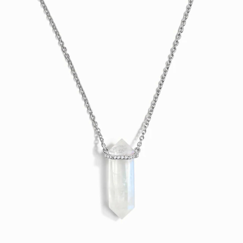 Sterling Silver Hexagon Pillar Crystal Moonstone Charm Women Necklace