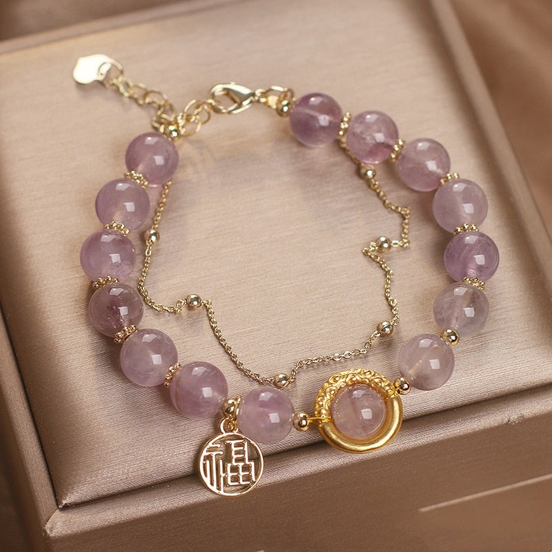 Natural Amethyst Chinese Luck Character Women Bracelet