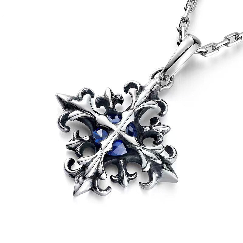 S925 Silver Cross Flower Pendant Necklace Men