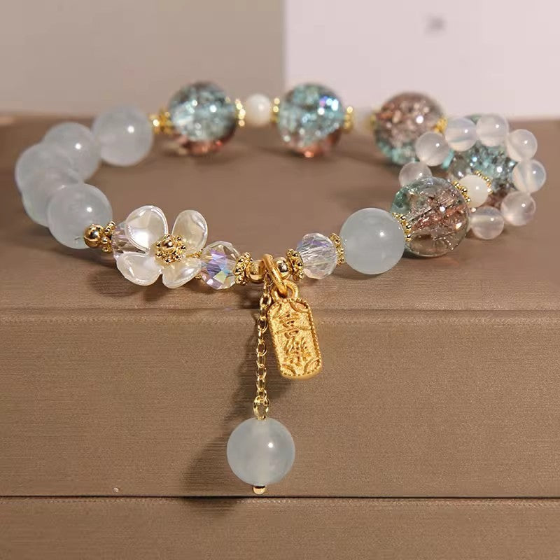 Lavander Purple Chalcedony Crystal Single Circle Women's White Agate Blue Flower Bracelet