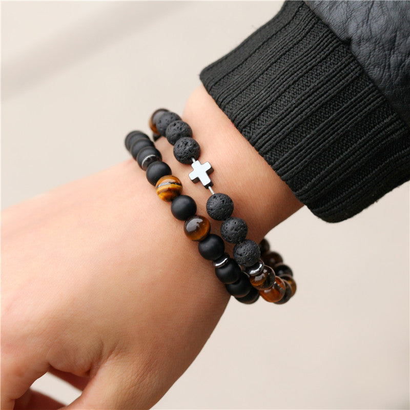 8mm Black Frosted Tigereye Cross Men Bracelet Set