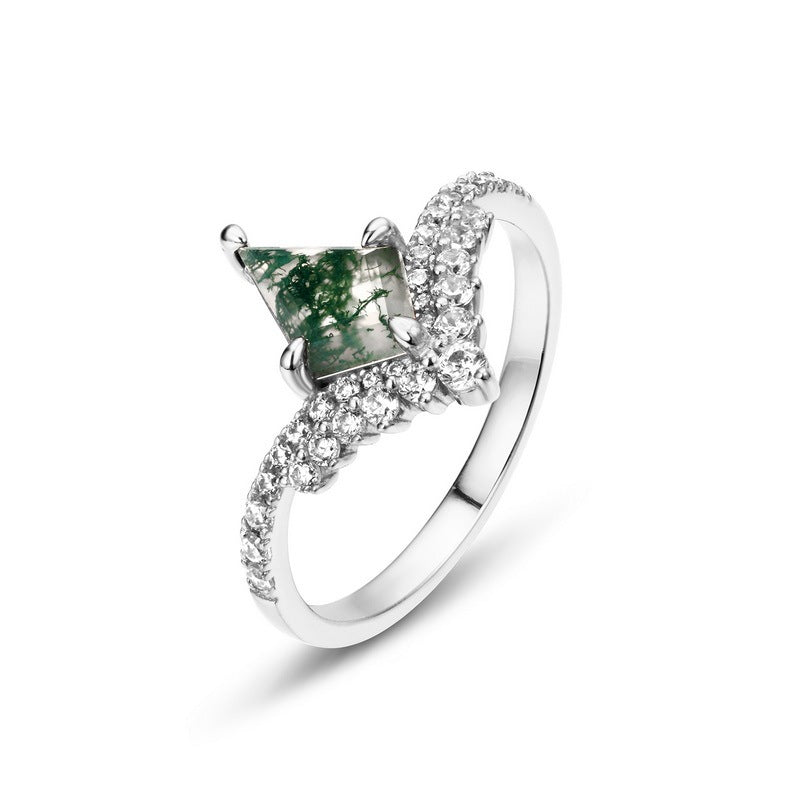 S925 Silver Green Moss Agate Women Ring