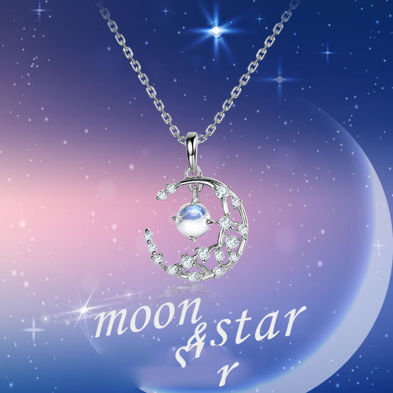 Fashion Star And Moon Pendant Natural Moonstone Women Necklace