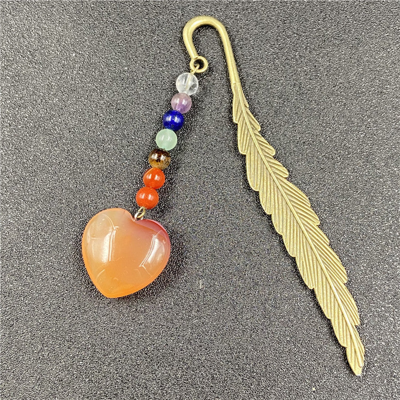 Seven Chakra Agate Heart Feather Bookmark