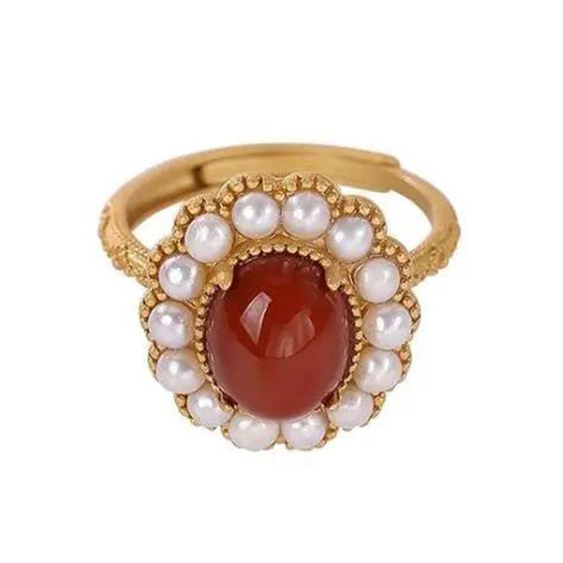 Women's Natural South Red Agate Pearl Ring Plated 925 Silver