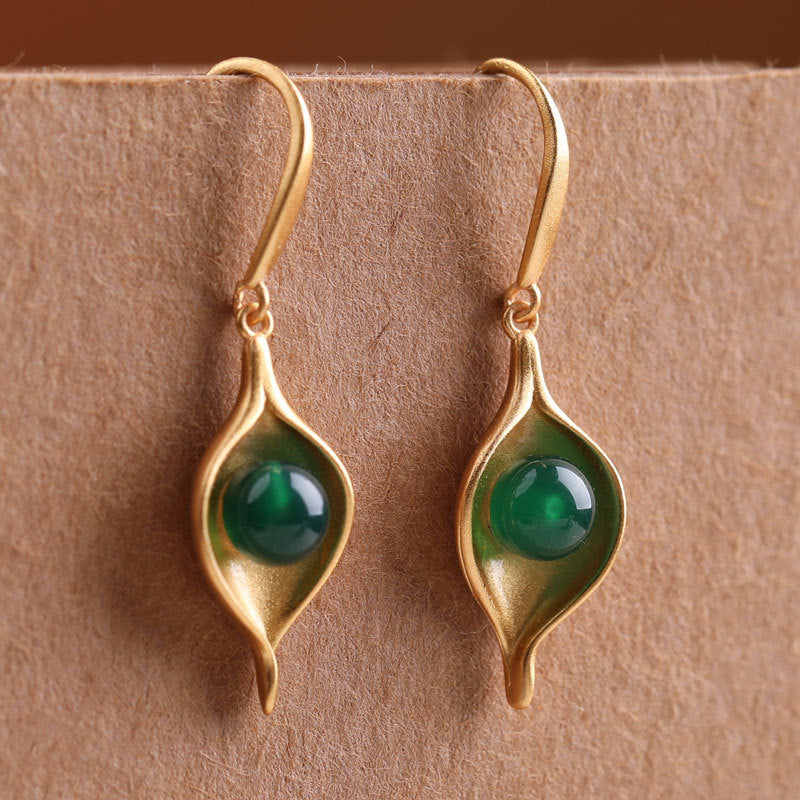 Women Temperamental Earrings Green Agate Retro